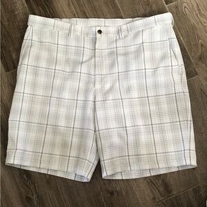 White Flat Front Shorts with Subtle Plaid Design